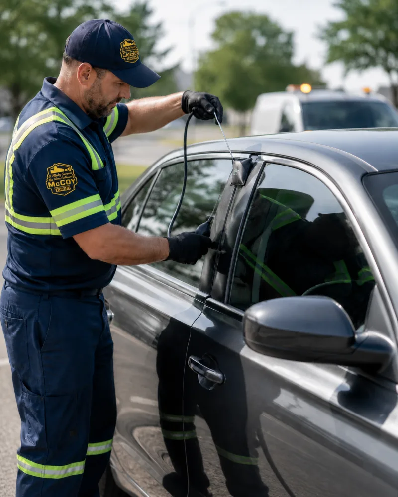 McCoy Towing technician performing a vehicle lockout